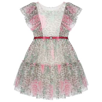 Girls Beige Leopard & Pink Rose Tulle Dress