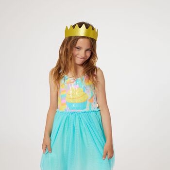 Girls Aqua Sequin & Crown Dress
