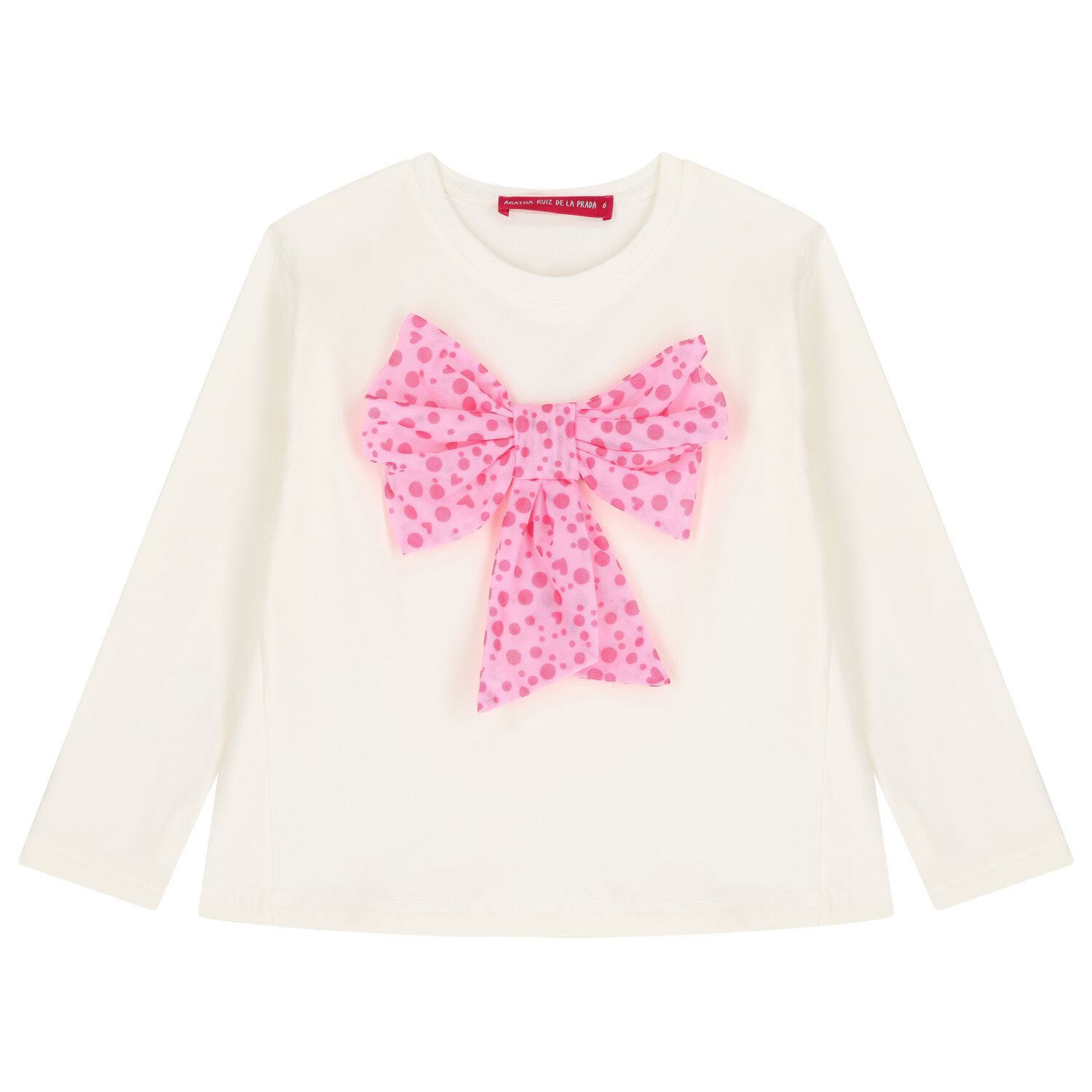 توب بأكمام طويلة بطبعة  فيونكة باللون العاجي والوردي للفتيات, 1, hi-res