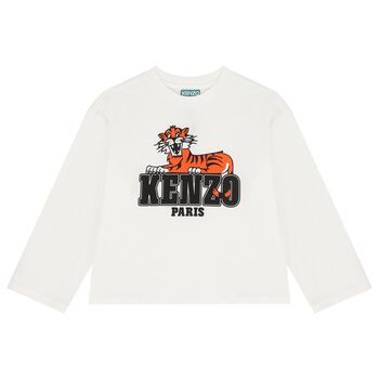 KENZO KIDS توب اولاد باكمام طويله بالشعار بطبعه نمر باللون الابيض , 1 توب اولاد باكمام طويله بالشعار بطبعه نمر باللون الابيض