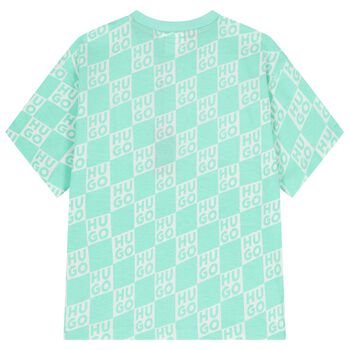 Boys Aqua & White Check Logo T-Shirt