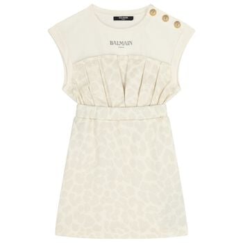 Girls Ivory & Beige Logo Dress