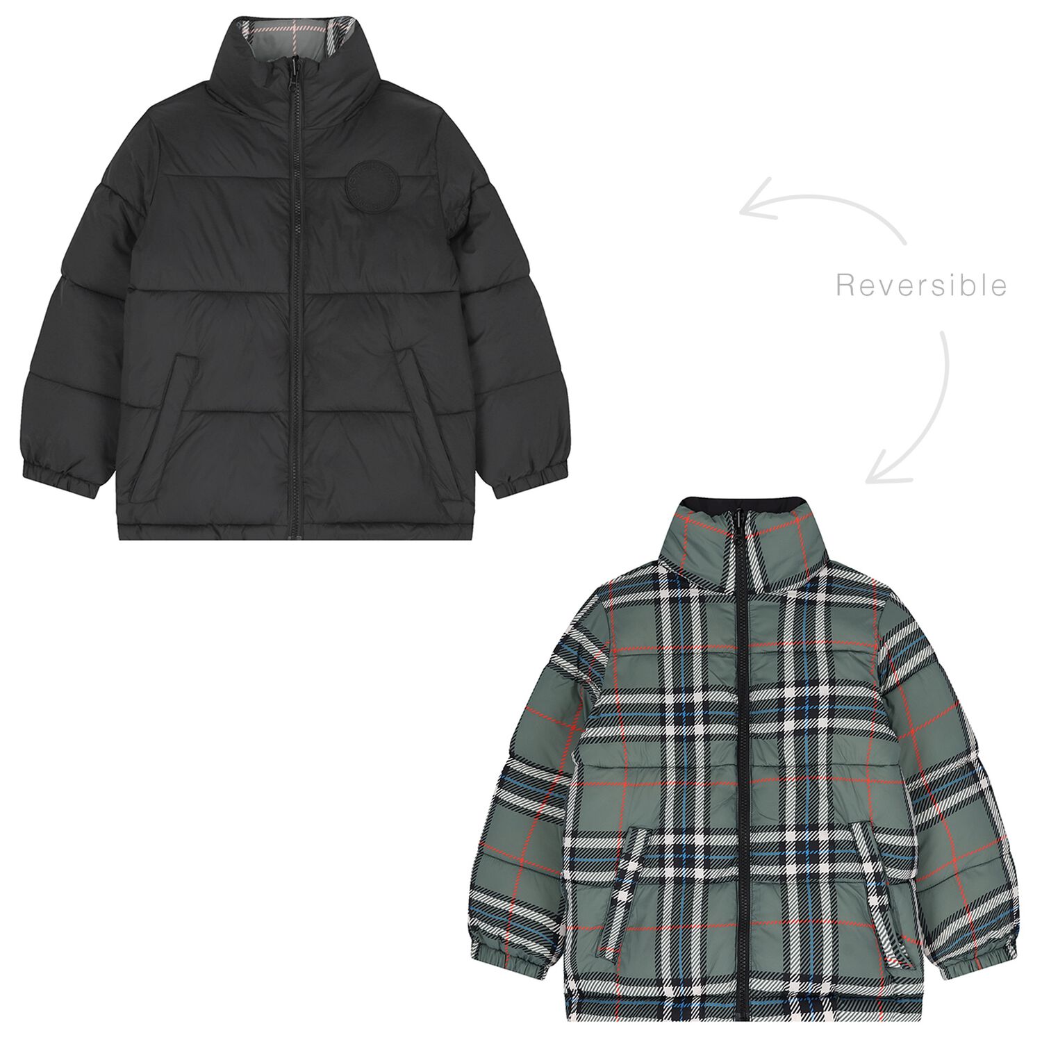 Boys Black & Green Tartan Reversible Puffer Jacket , 1, hi-res