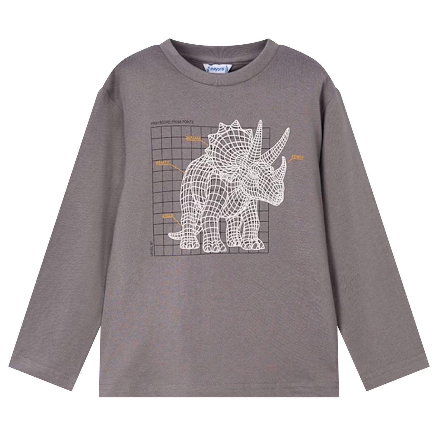 Boys Grey Dinosaur Long Sleeve Top, 1, hi-res