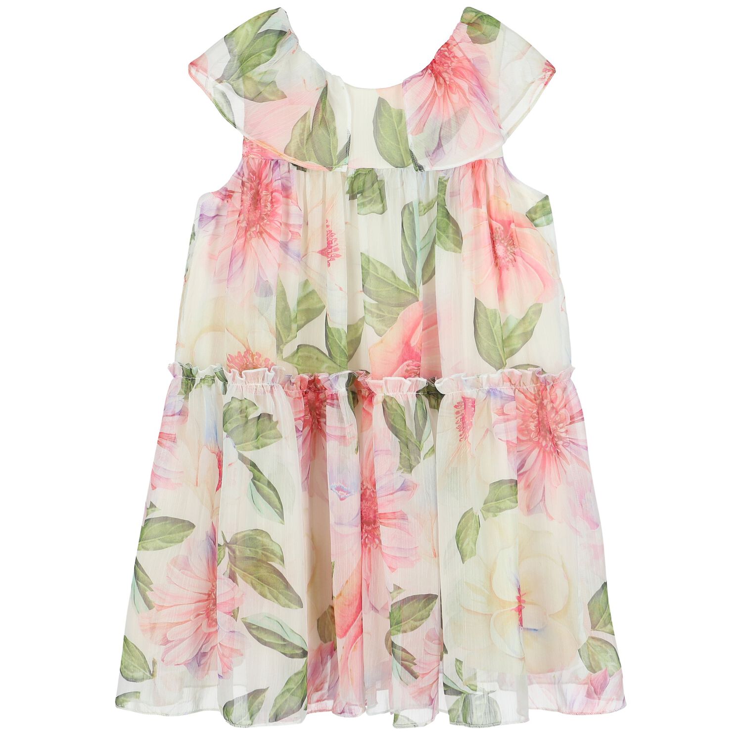 Girls Ivory & Pink Floral Chiffon Dress, 1, hi-res