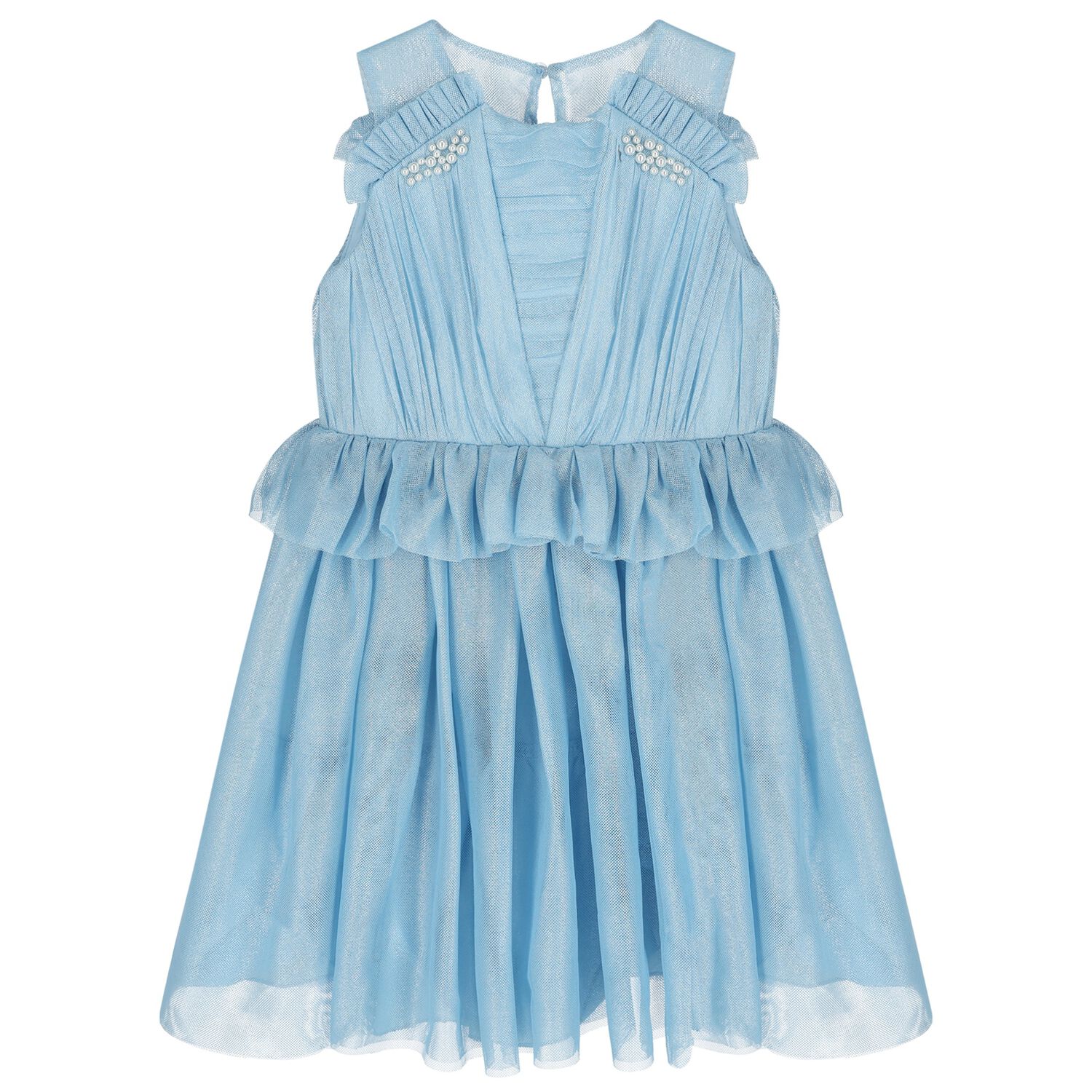 Girls Blue Ruffled Tulle Dress, 2, hi-res