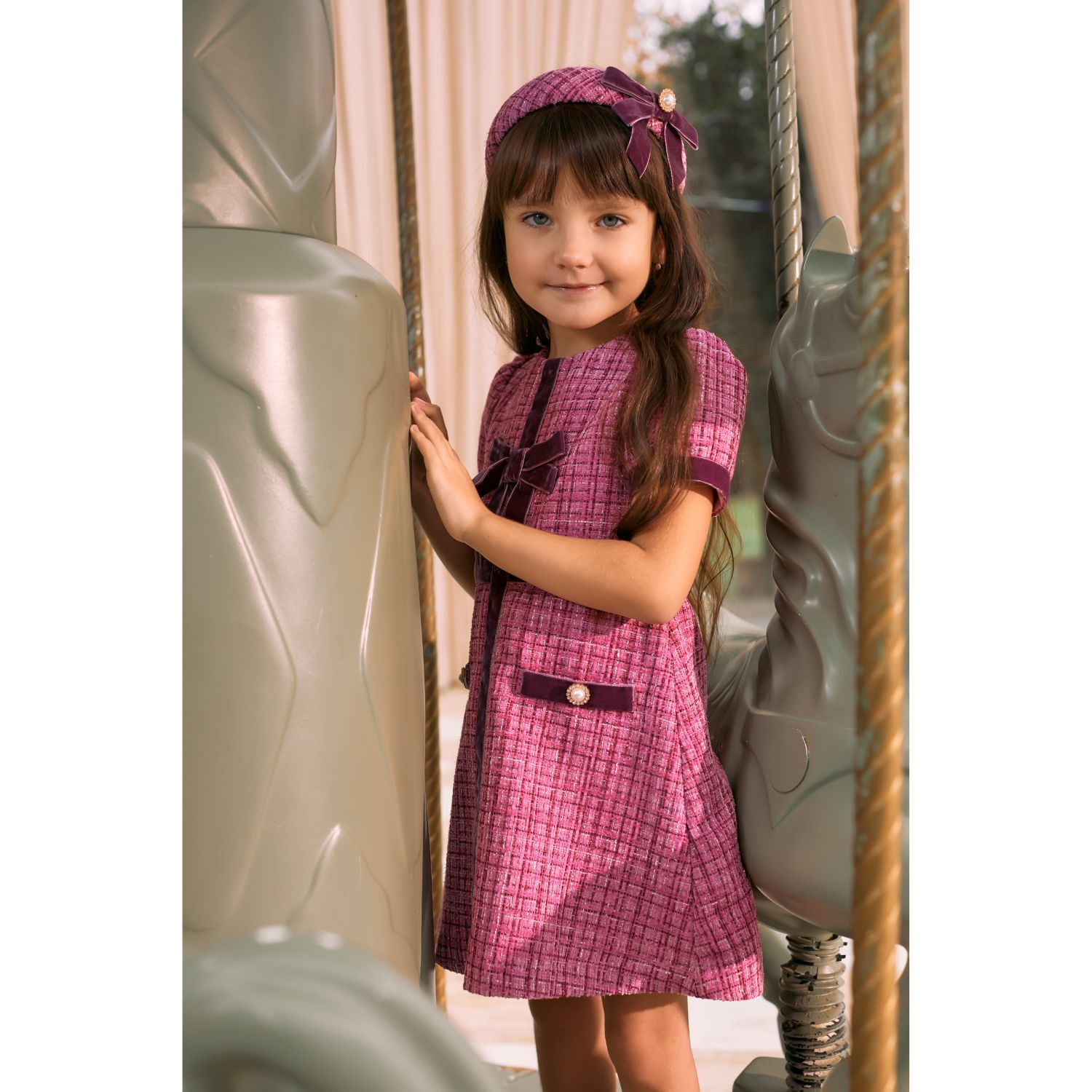 Girls Pink Tweed & Velvet Bow Dress, 2, hi-res