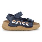 Boys Navy Blue & Beige Logo Sandals, 3, hi-res