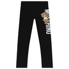 Girls Black Teddy Bear Logo Leggings, 1, hi-res