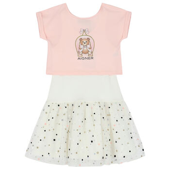 Girls Pink & White Logo Tulle Dress Set