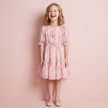 Girls Pink Ruffled Floral Chiffon Dress
