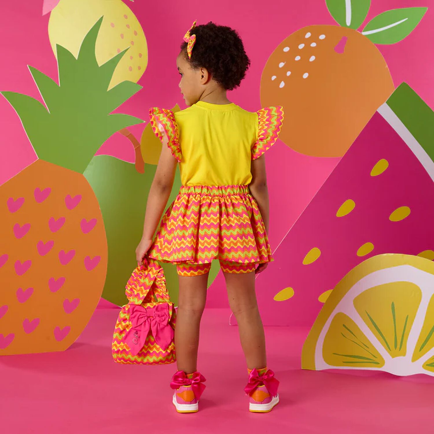 Girls Pink, Orange & Yellow Ruffle Backpack, 1, hi-res