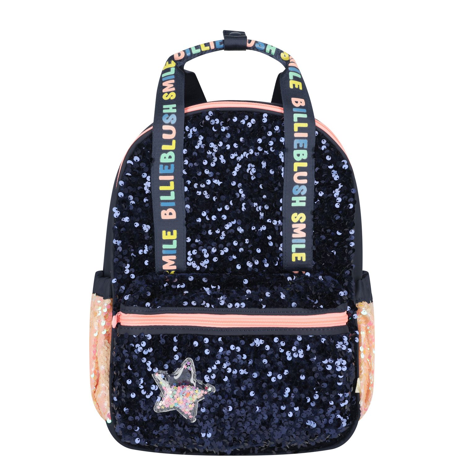 Girls Navy Blue Sequin Logo Backpack, 1, hi-res