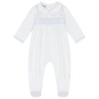 Baby Boys White and Blue Smocked Babygrow, 1, hi-res