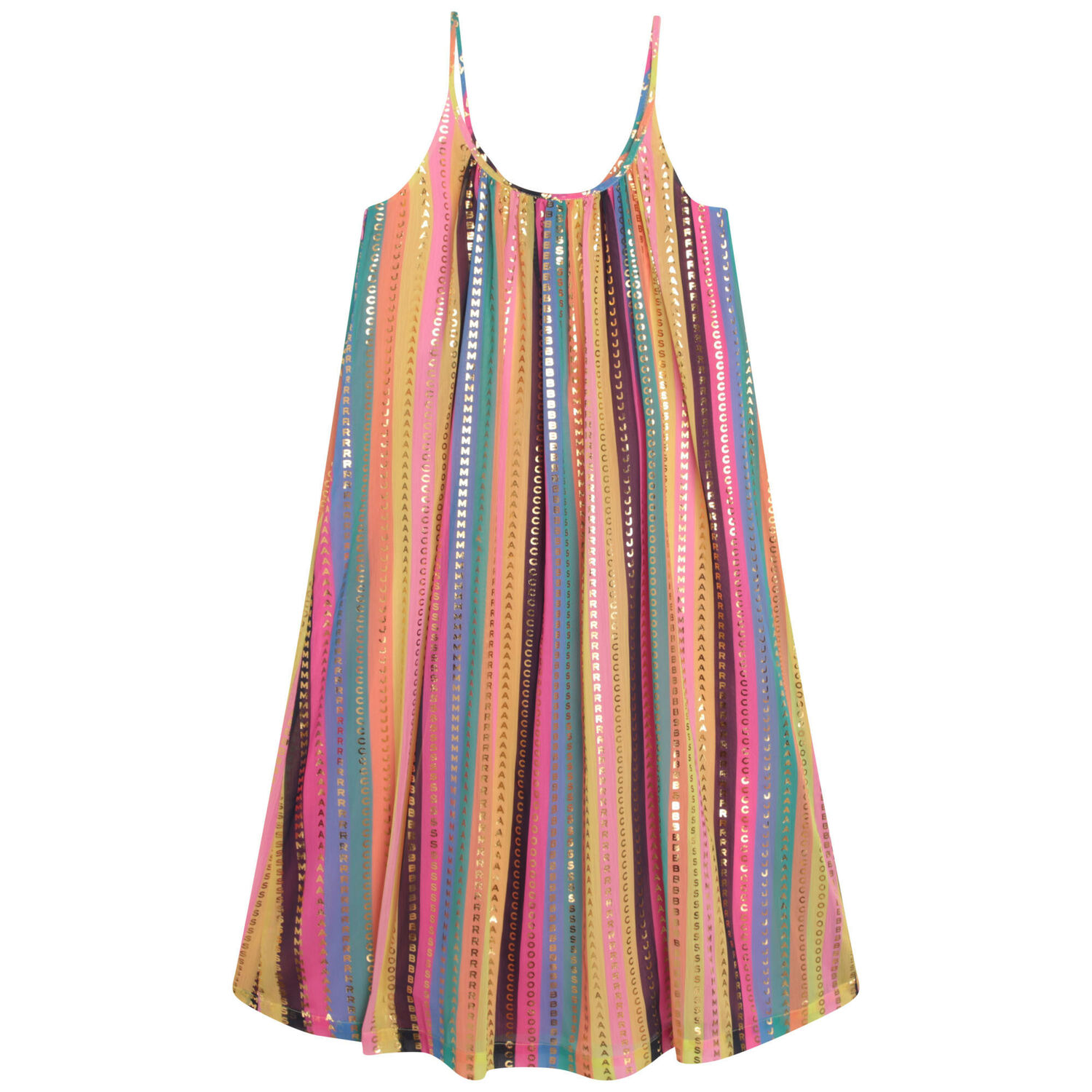 فستان مخطط بالشعار باللون الذهبي و الوردي للبنات, 1, hi-res