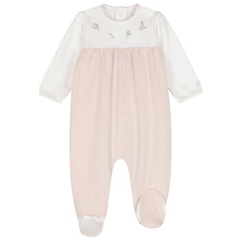 بدلة للبنات مزينة بنقوش زهور باللون الأبيض والبيج