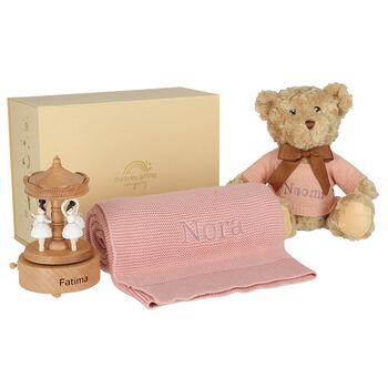 مجموعة هدايا مواليد للبنات بتصميم كاروسيل موسيقي وردي اللون، قابلة للتخصيص