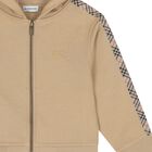 Beige Check Logo Hooded Zip Up Top, 1, hi-res