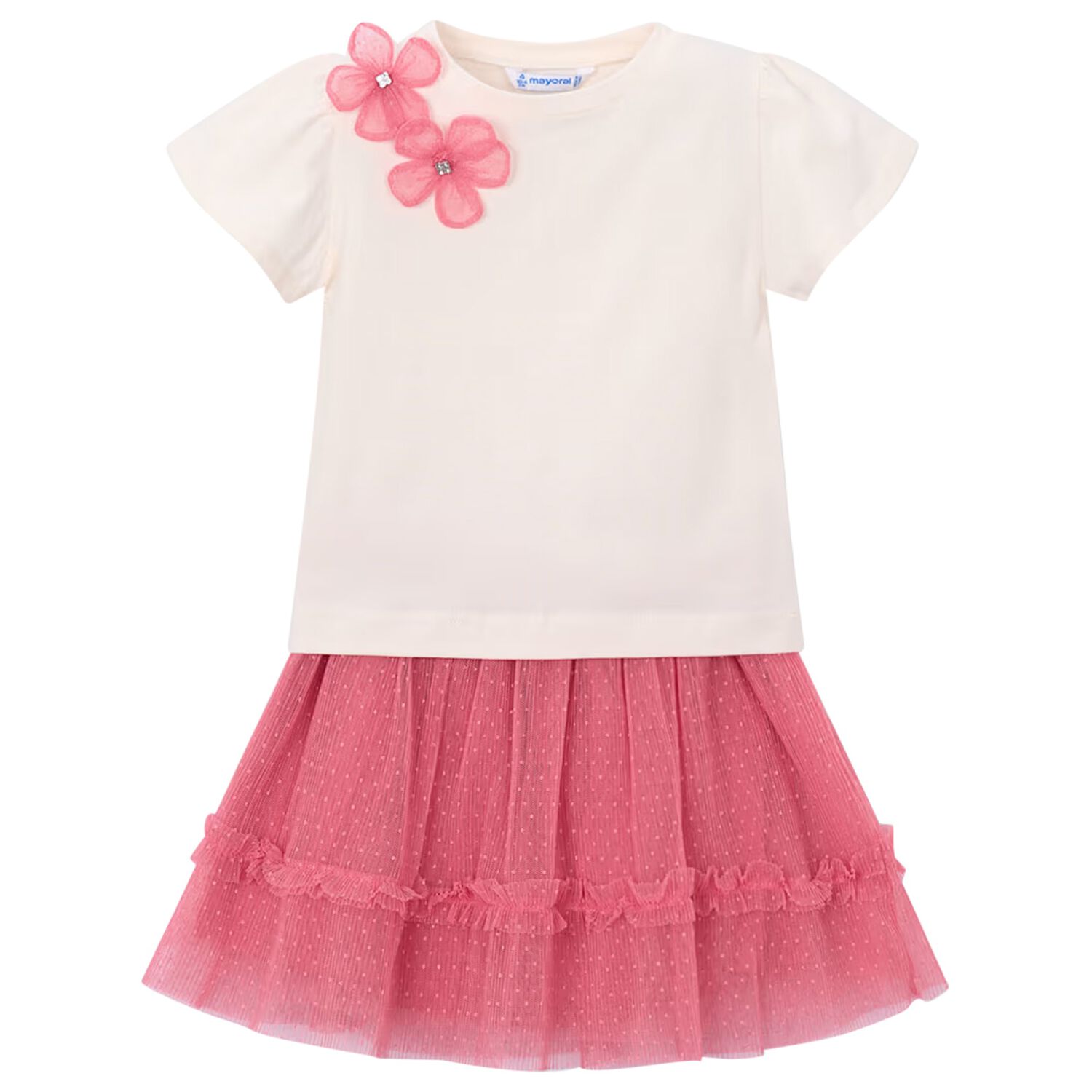 Girls Ivory & Pink Floral Tulle Skirt Set, 3, hi-res