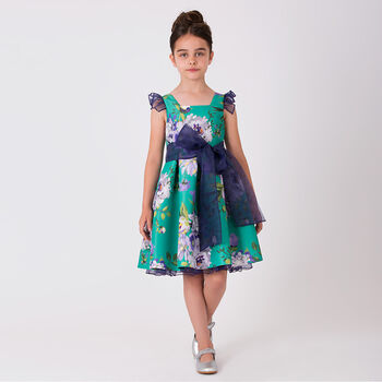 Girls Green & Purple Floral Satin Dress