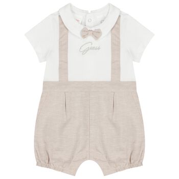Baby Boys White & Beige Logo Romper