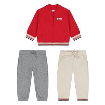 Younger Boys Red, Grey & Beige Puppy Tracksuit Set ( 3 Piece )