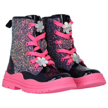 Girls Navy Blue & Pink Glitter Boots