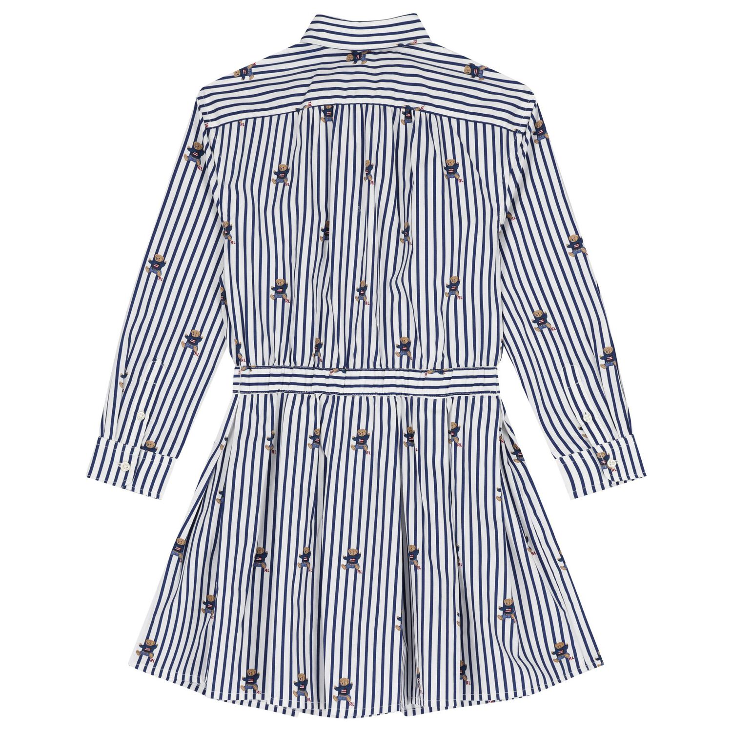 Girls White & Blue Polo Bear Striped Dress, 1, hi-res