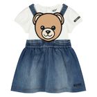 Younger Girls White & Blue Teddy Bear Skirt Set, 1, hi-res