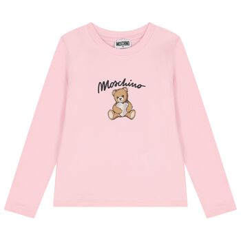 Girls Pink Teddy Bear Logo Long Sleeve Top