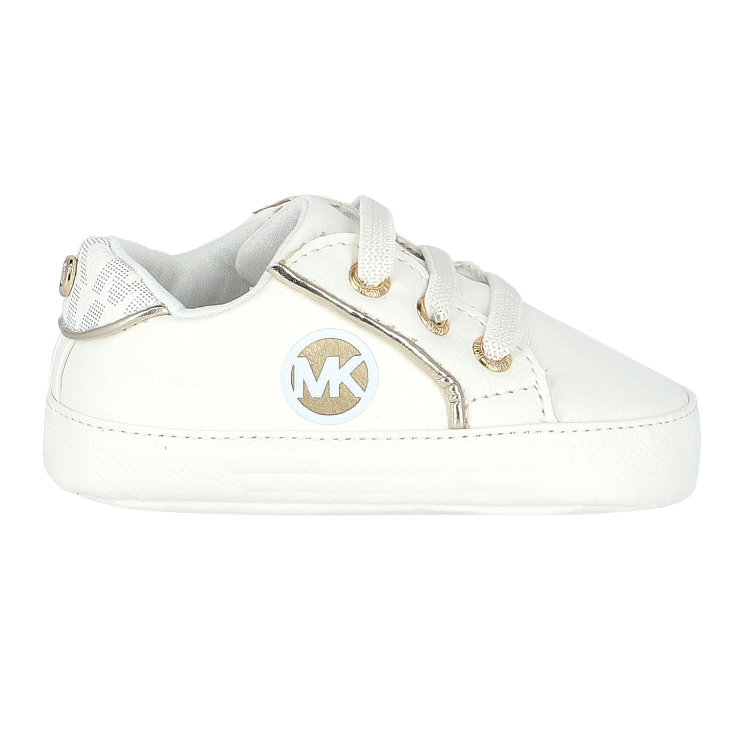 White & Gold Logo Baby Trainers, 1, hi-res