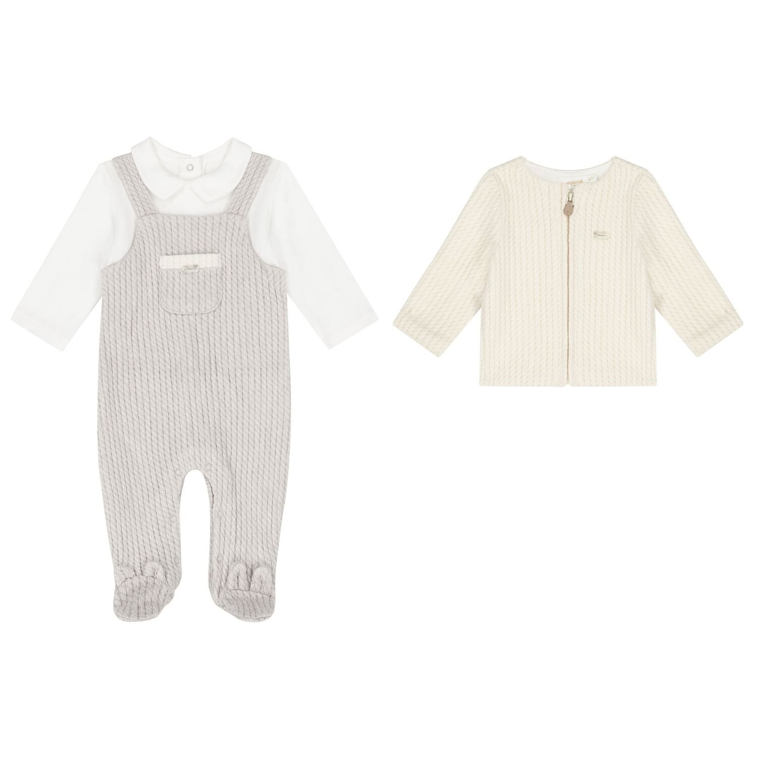 Baby Boys Ivory & Beige Knitted Babygrow Set, 1, hi-res