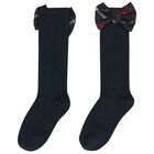 Girls Navy Blue Bow Tartan Socks, 1, hi-res