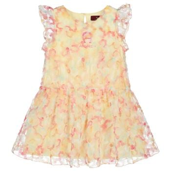Girls Yellow & Pink Logo Floral Tulle Dress