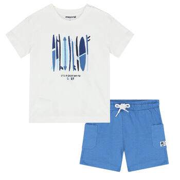 Younger Boys White & Blue Surf Board Shorts Set