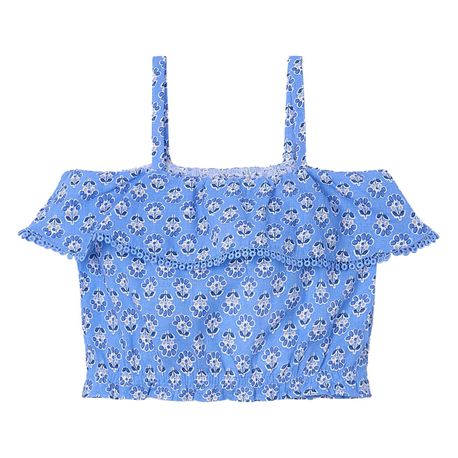 بلوزة بنات مطبوعة بالزهور مكشكشة باللون الأزرق, 2, hi-res image number null