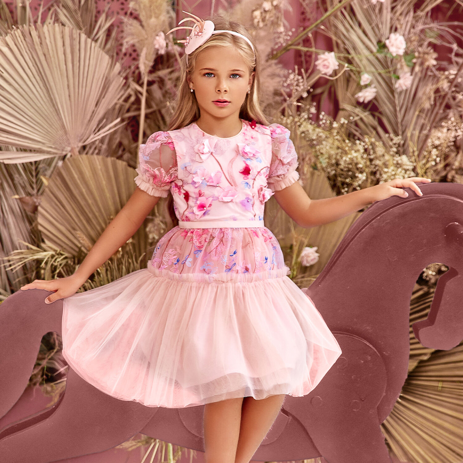 Girls Pink Embroidered Tulle Dress, 1, hi-res image number null