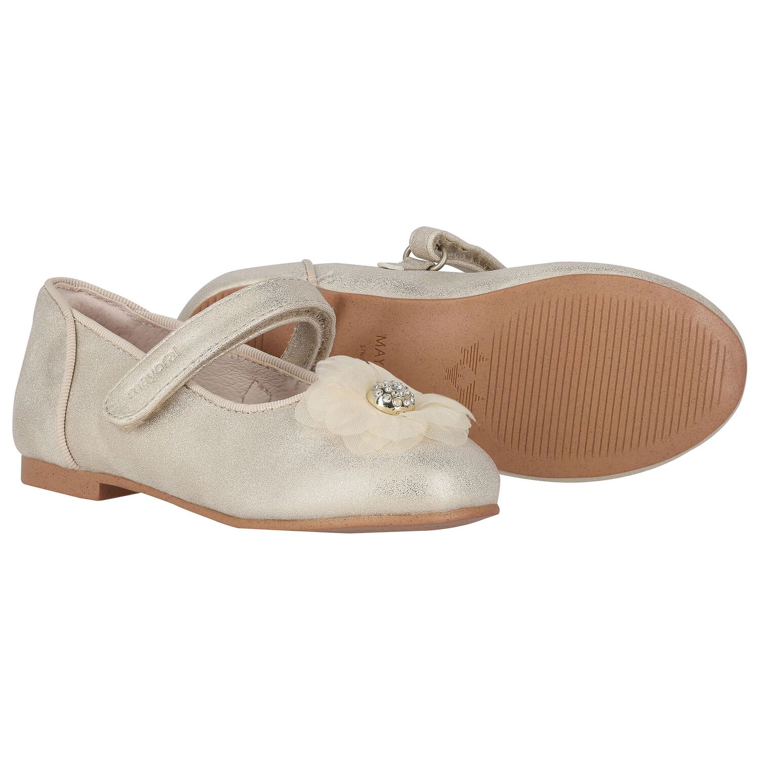 Girls Gold Diamante Flower Shoes, 2, hi-res image number null