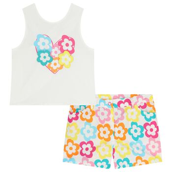 Girls White Flower Shorts Set