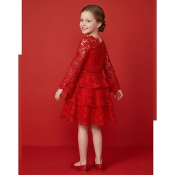 Girls Red Foral Lace Dress 