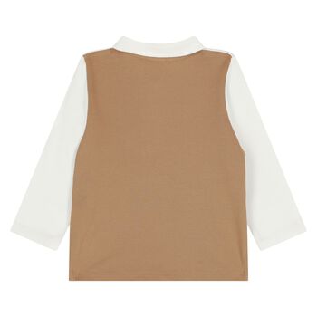 قميص بولو بشعار باللونين الأبيض والبيج للأولاد الصغار