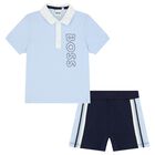 Baby Boys Navy Blue & Blue Logo Shorts Set, 2, hi-res