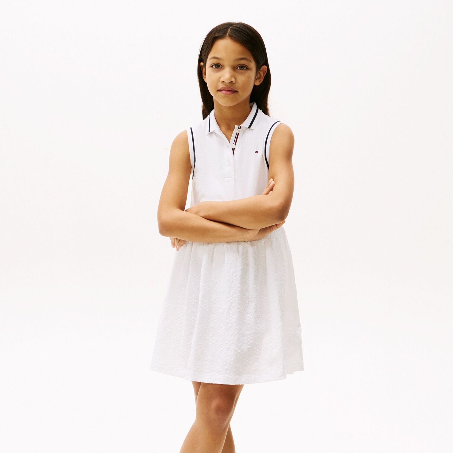 Girls White Cotton Broderie Polo Dress, 2, hi-res