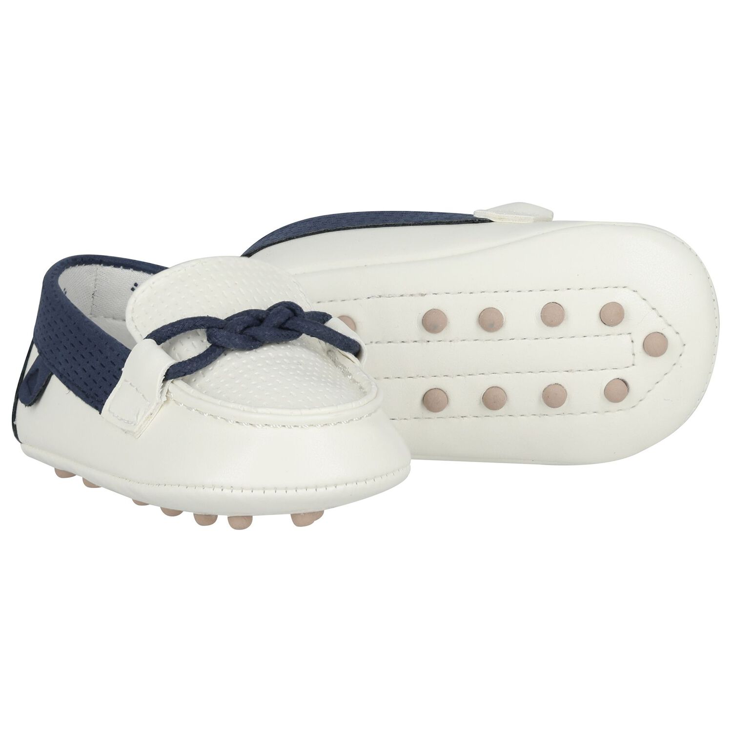 Baby Boys Ivory & Navy Blue Leather Pre Walker Moccasins, 4, hi-res