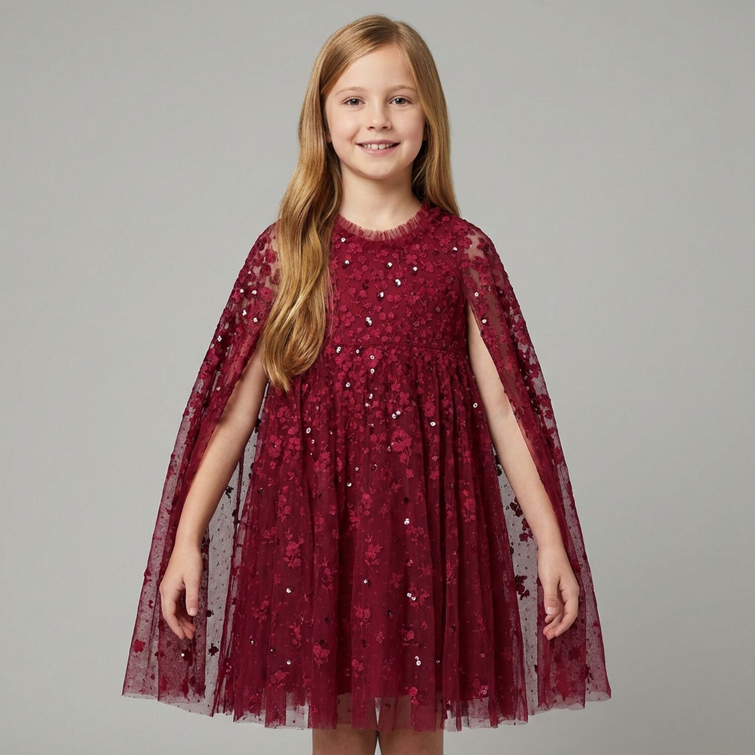 Girls Red Embroidered & Sequinned Tulle Cape Dress, 1, hi-res