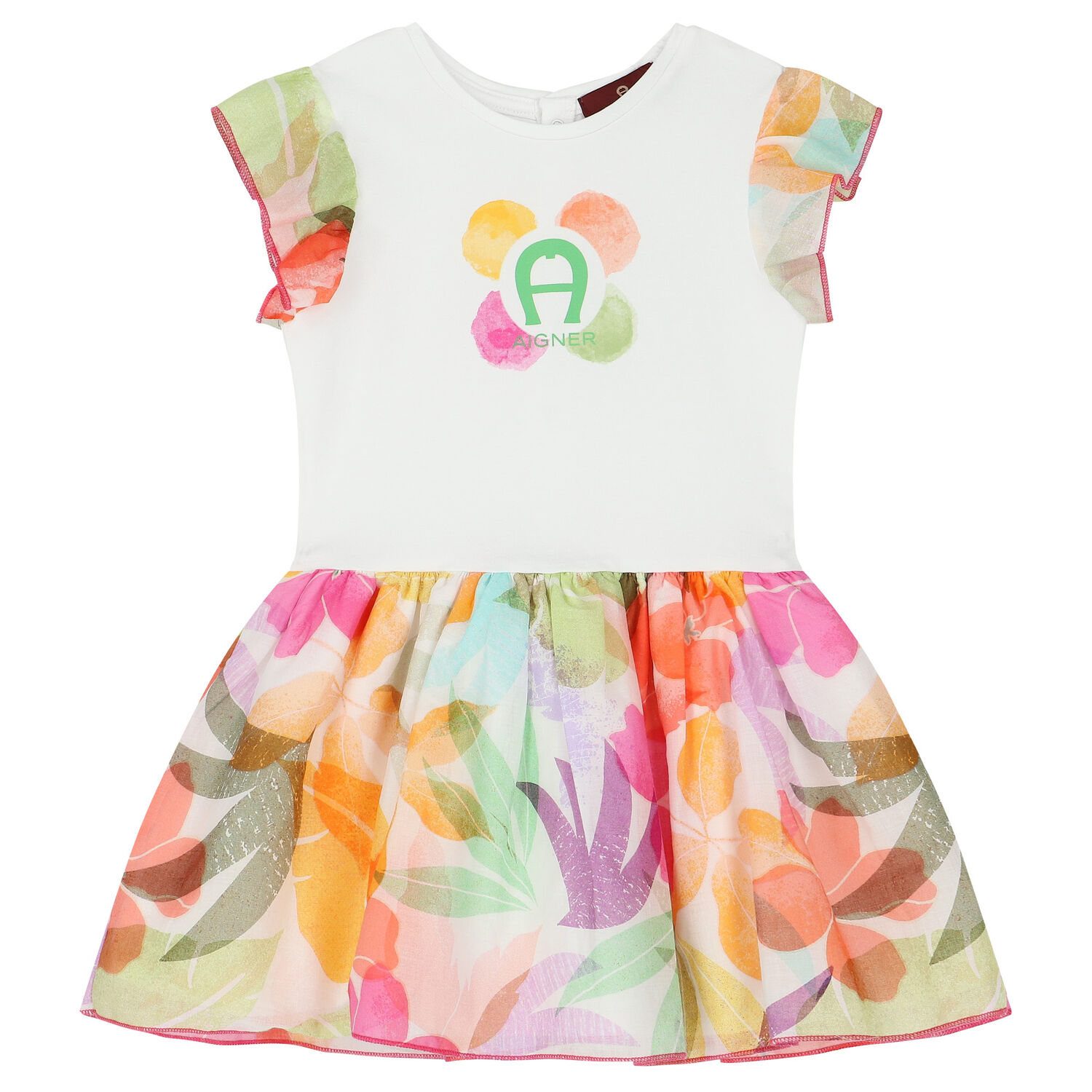 Younger Girls White Floral Logo Dress, 1, hi-res