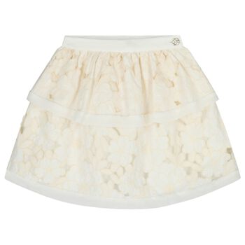 Girls Ivory Floral Cutwork Tiered Skirt