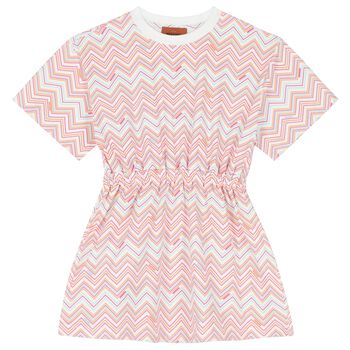 Girls White & Pink Zig zag Dress