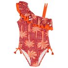 Girls Orange & Pink Palm Tree Swimsuit, 1, hi-res