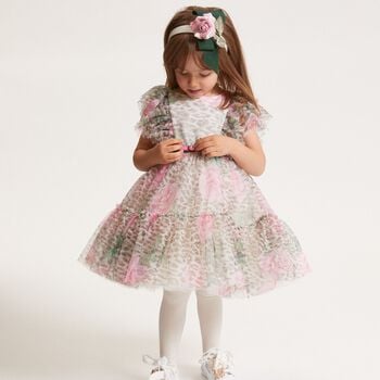 Girls Beige Leopard & Pink Rose Tulle Dress